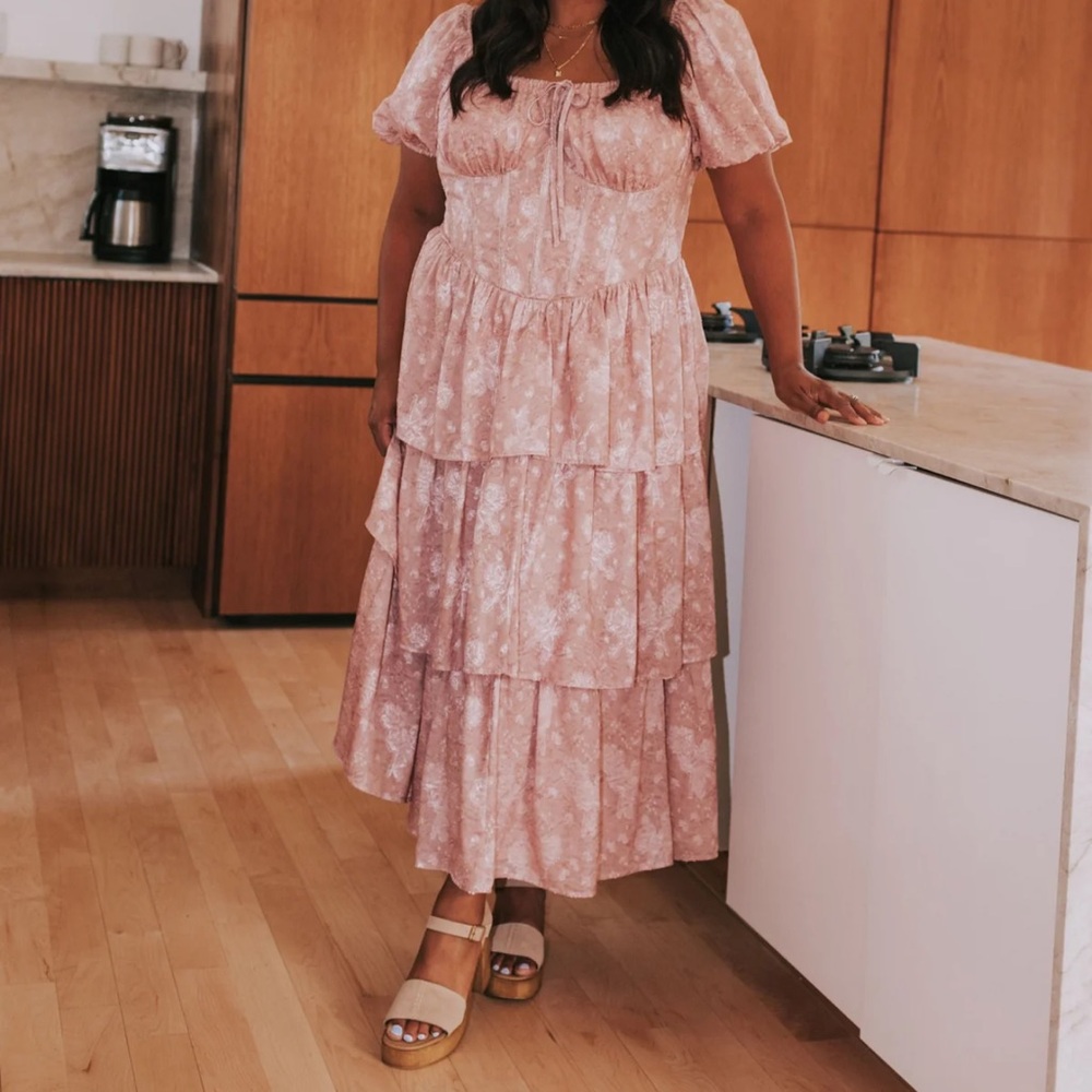 Blush Floral Tiered Midi Dress